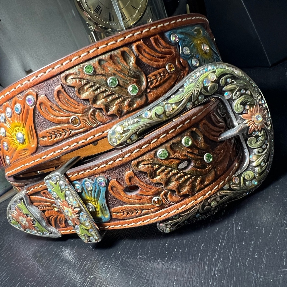 Tooled Leather Belt with Floral Rhinestone Design